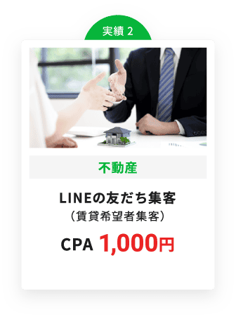 実績 2 不動産 LINEの友だち集客 CPA 1,000円