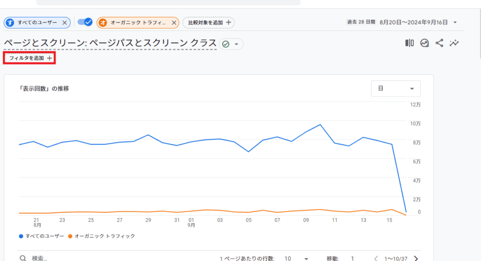 レポート内の「フィルタを追加」をクリック